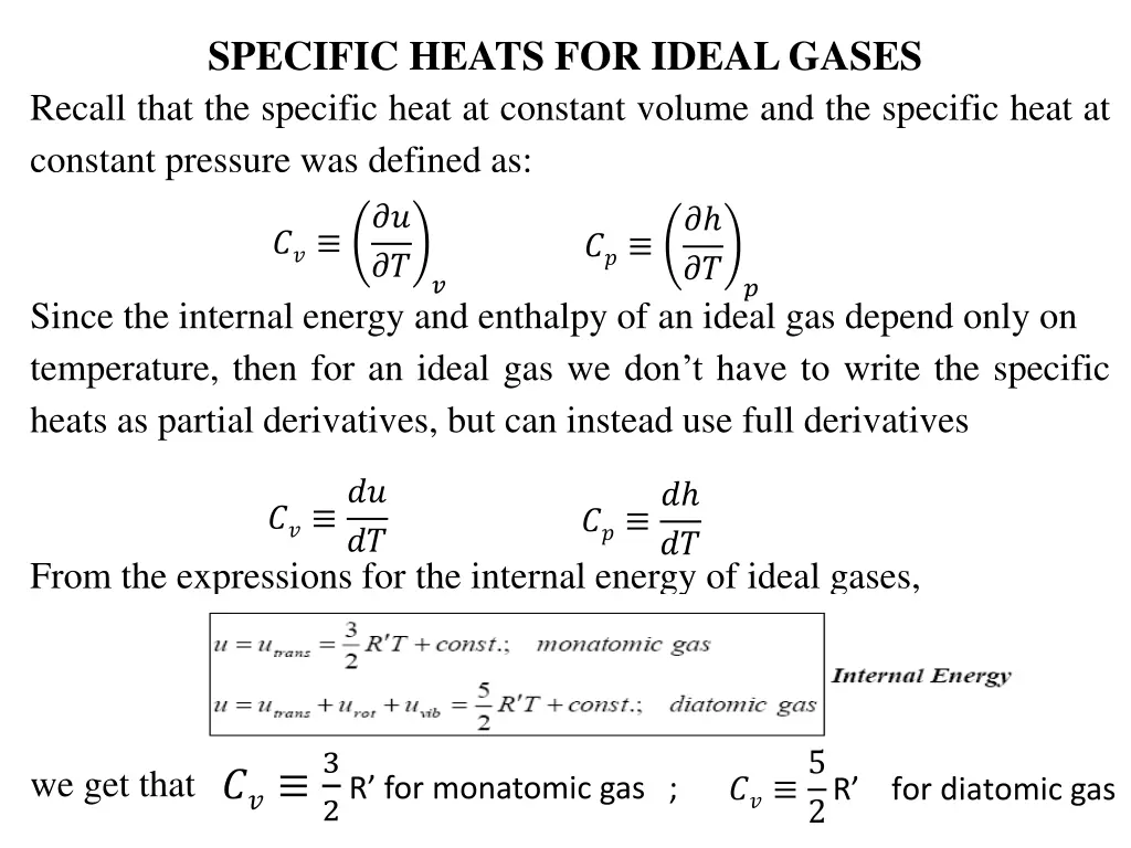 specific heats for ideal gases recall that