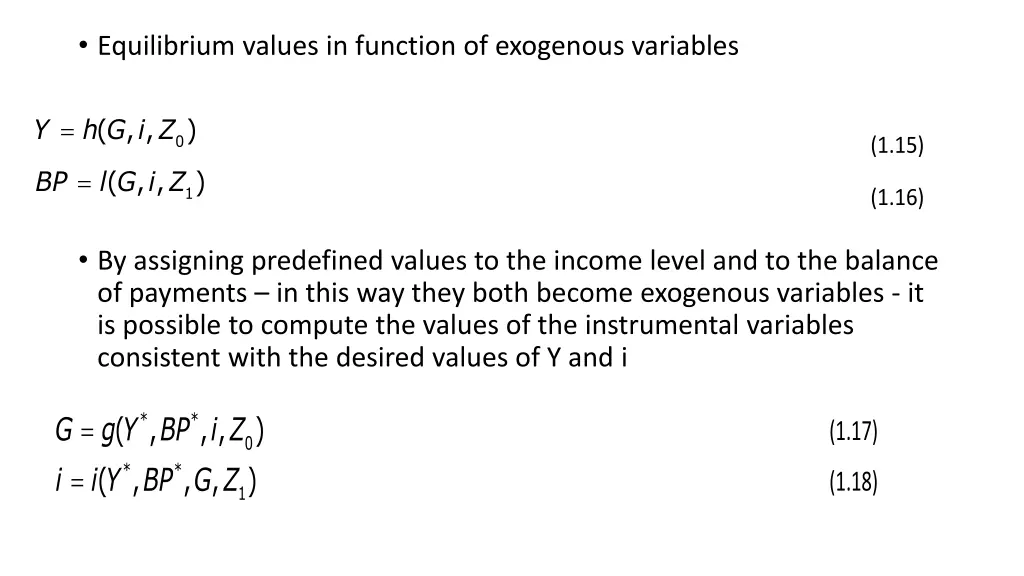 equilibrium values in function of exogenous