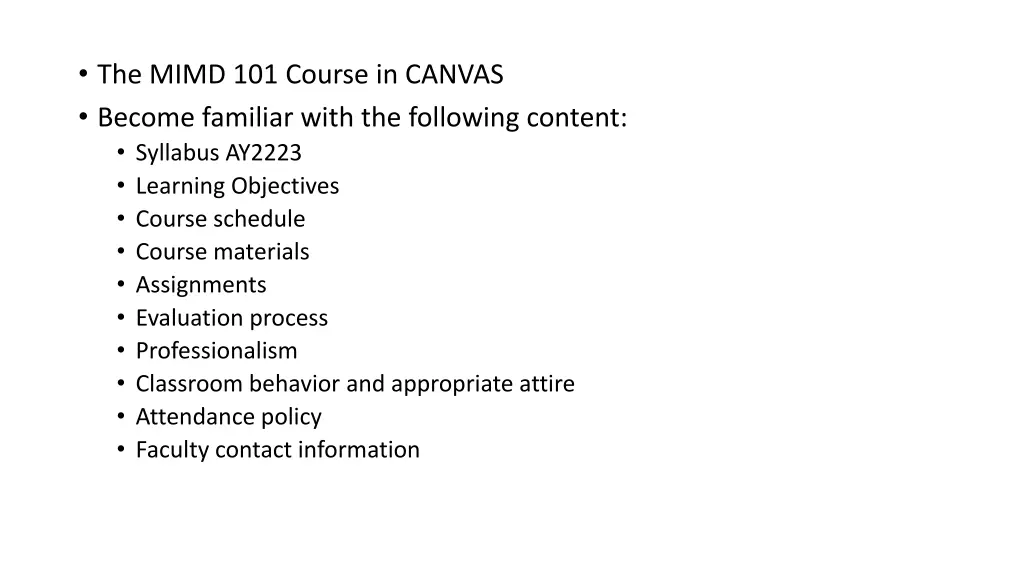 the mimd 101 course in canvas become familiar