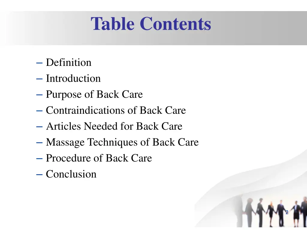 table contents