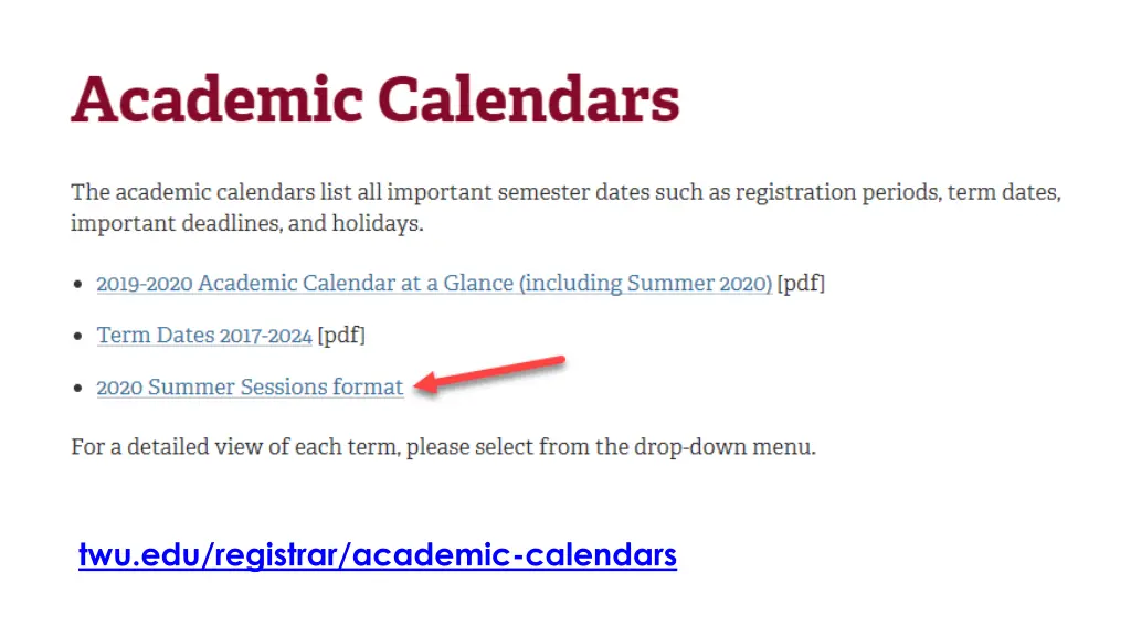 twu edu registrar academic calendars