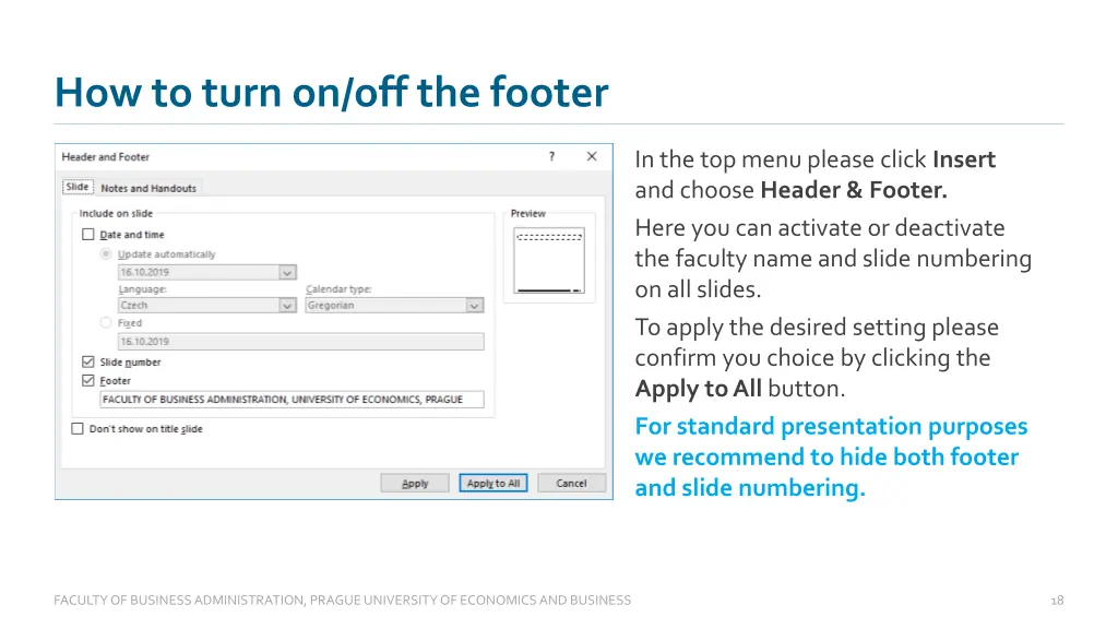 how to turn on off the footer