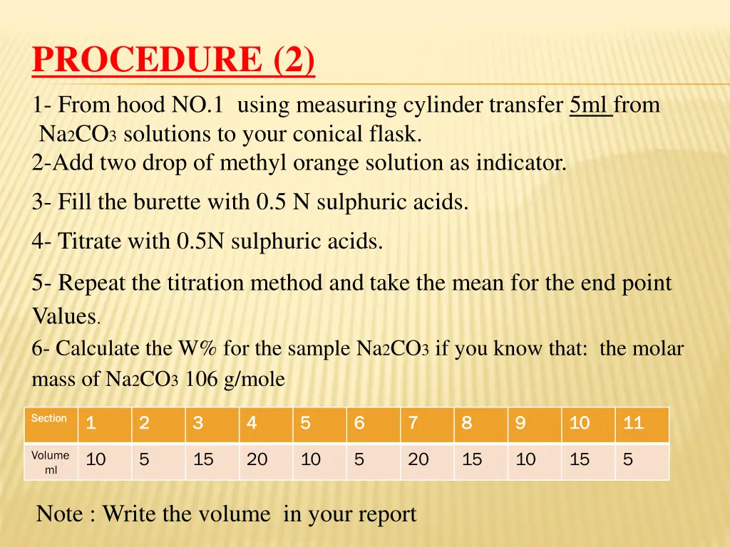 procedure 2 1 from hood no 1 using measuring