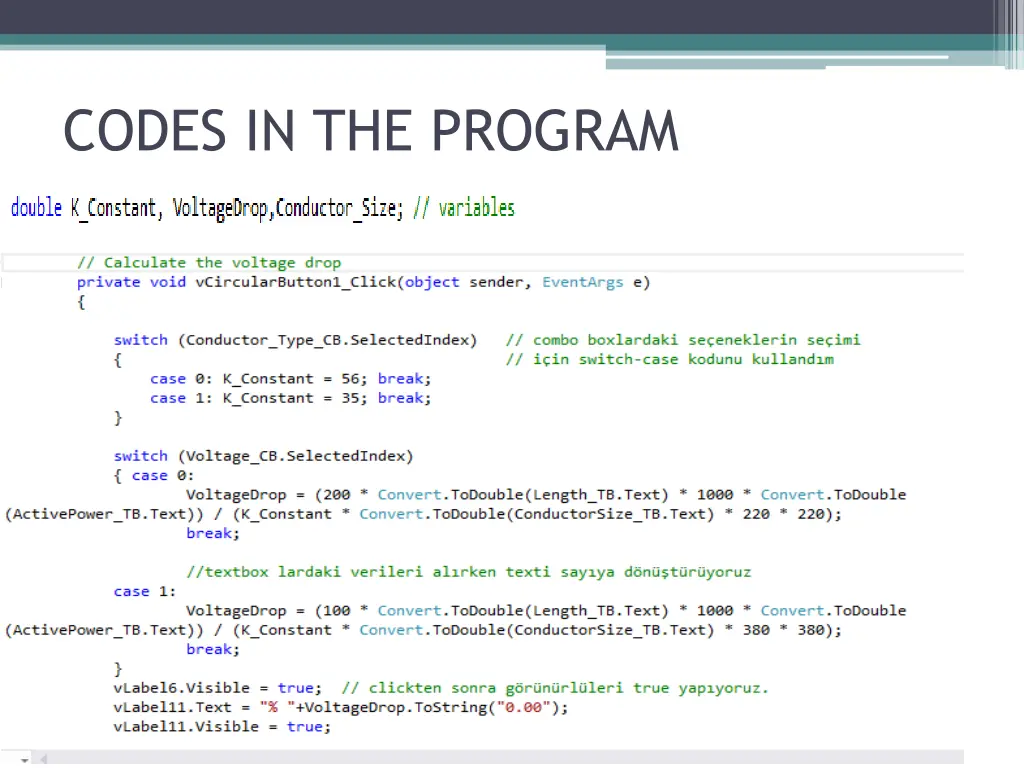 codes in the program