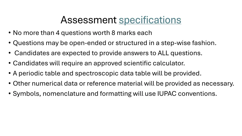 assessment specifications no more than