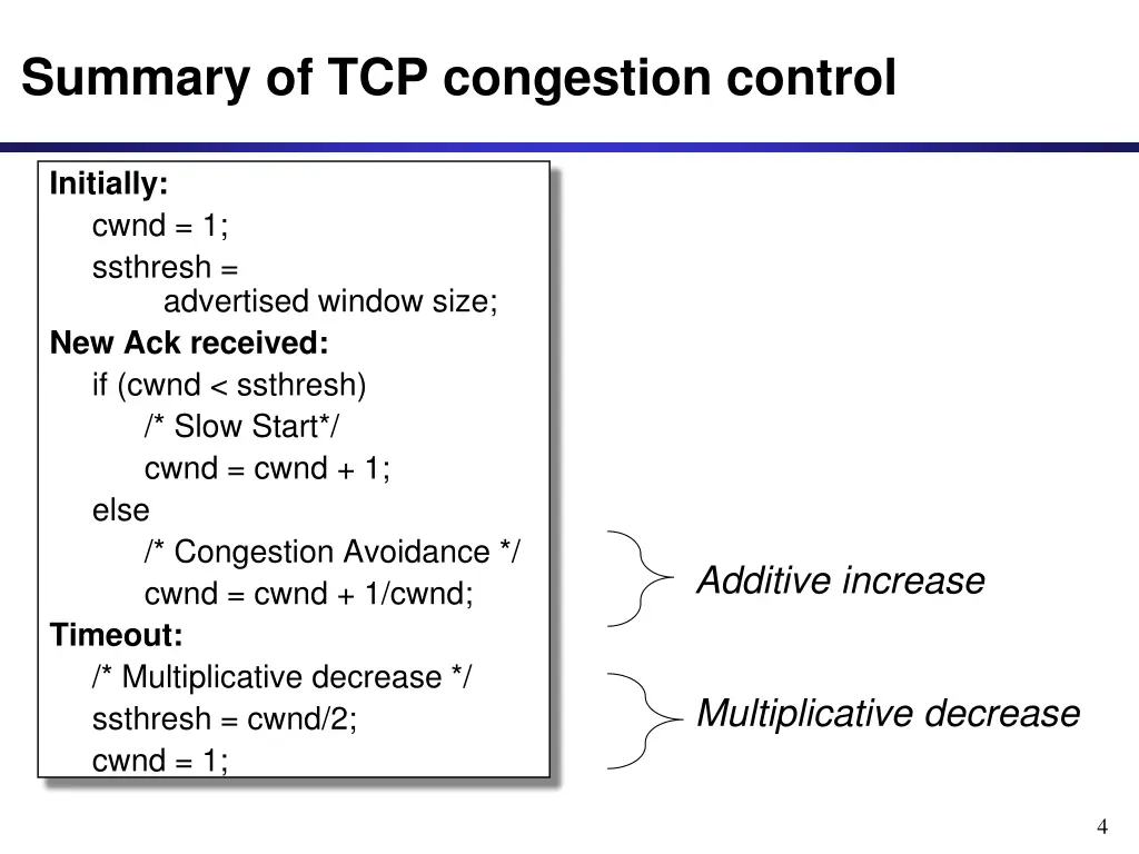 summary of tcp congestion control