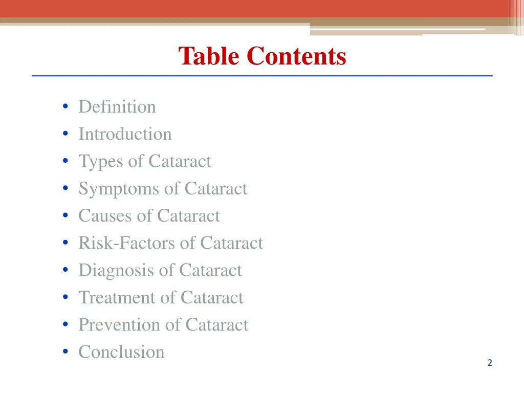 table contents