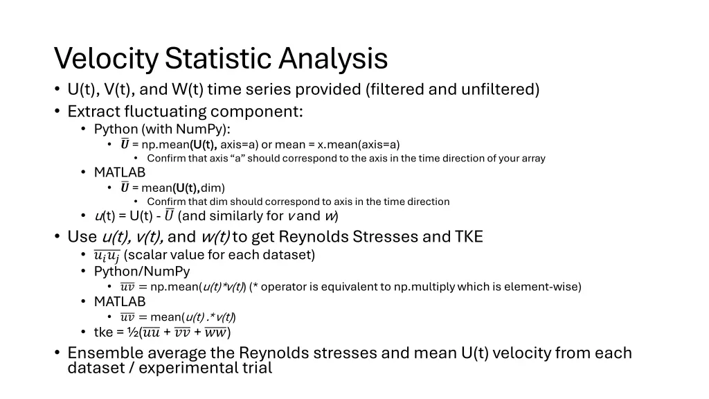 velocity statistic analysis u t v t and w t time