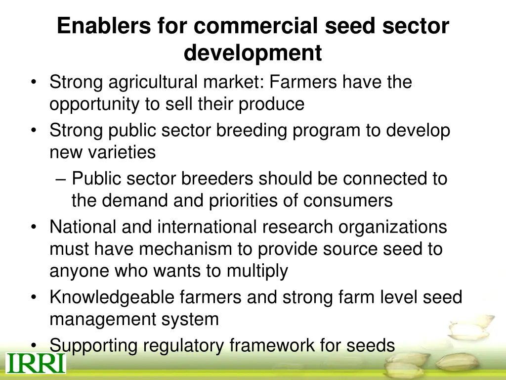 enablers for commercial seed sector development