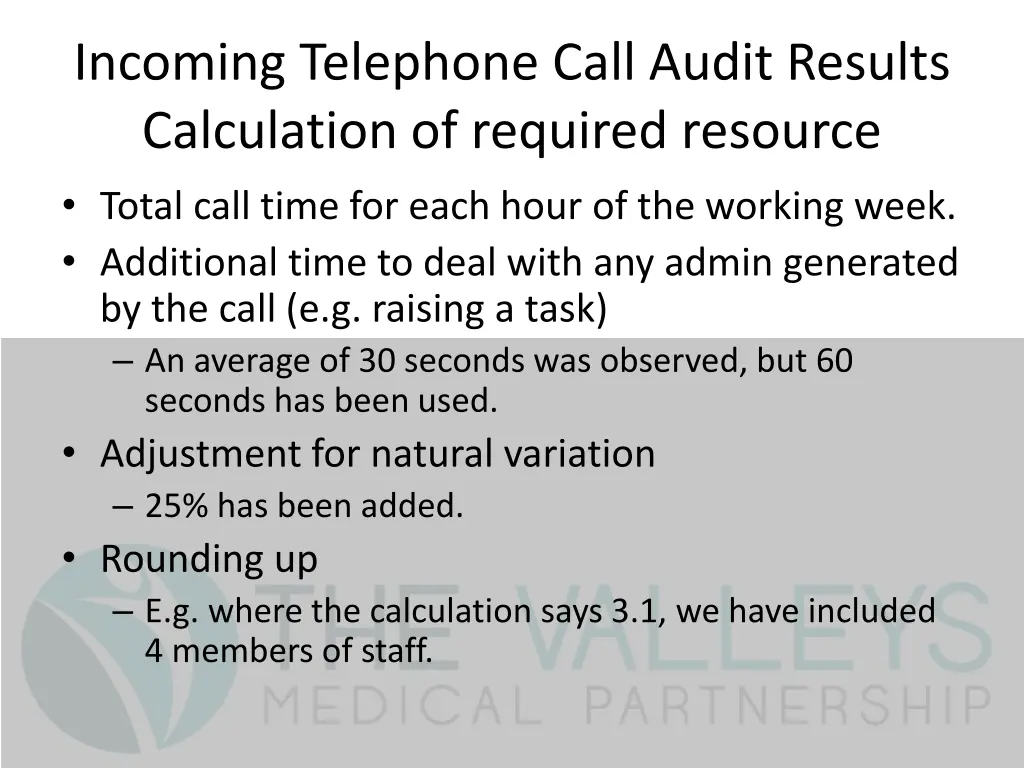 incoming telephone call audit results calculation