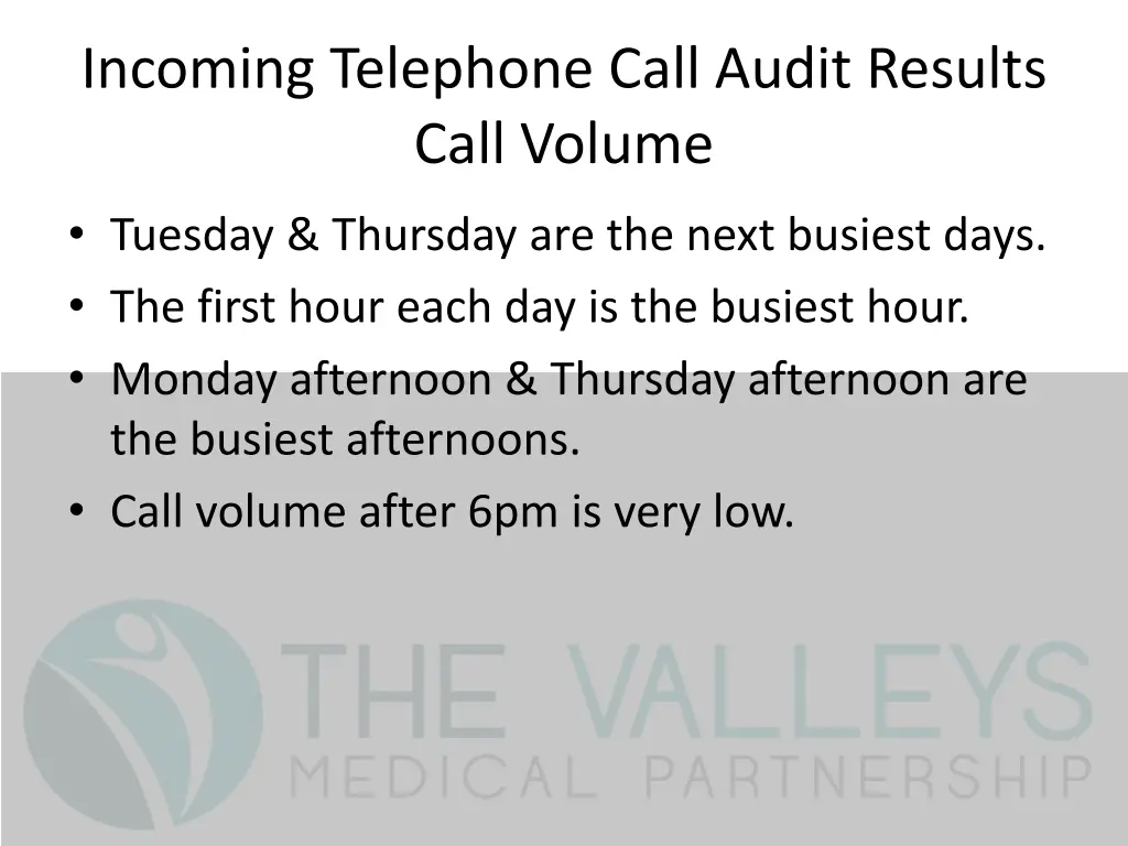 incoming telephone call audit results call volume 1
