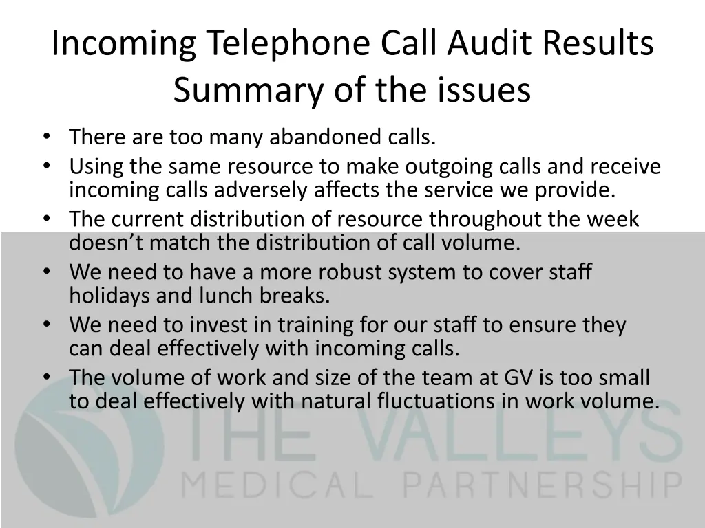 incoming telephone call audit results summary