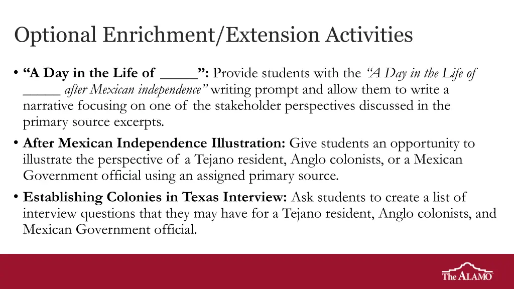 optional enrichment extension activities