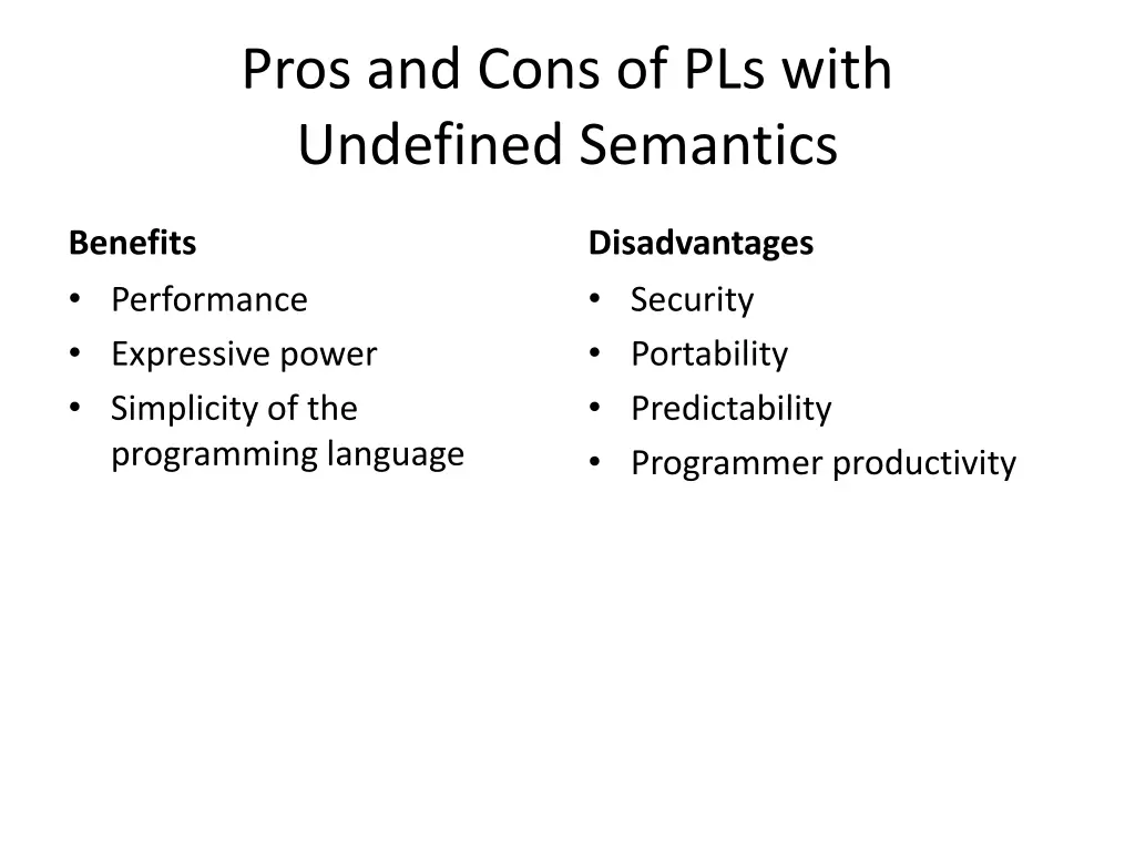 pros and cons of pls with undefined semantics