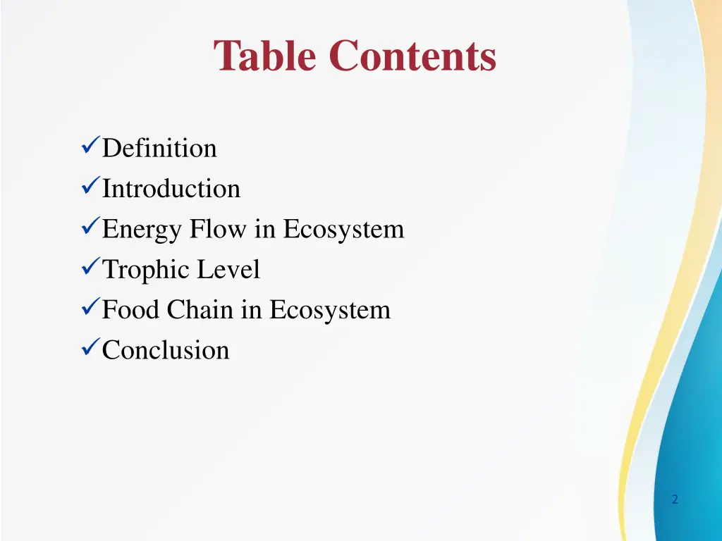 table contents