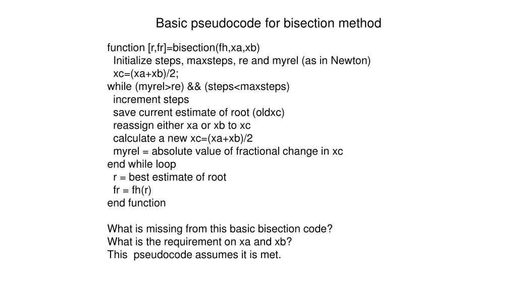 basic pseudocode for bisection method