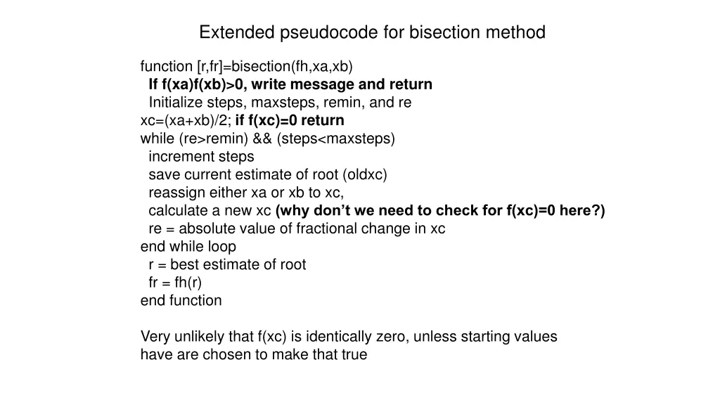 extended pseudocode for bisection method