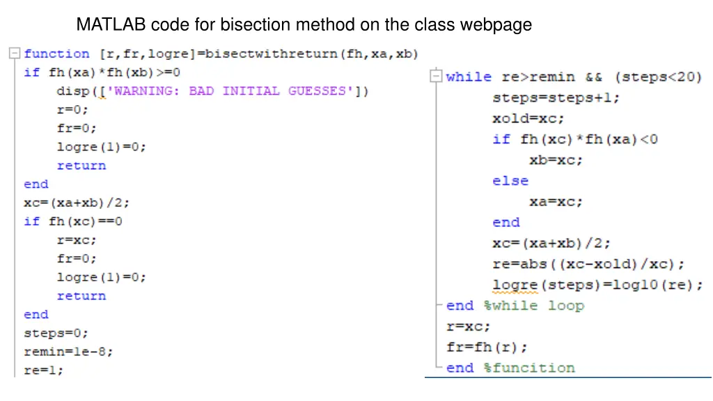 matlab code for bisection method on the class