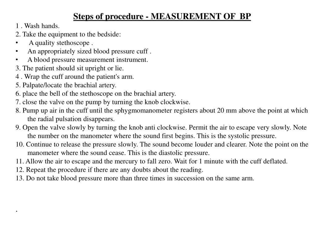 steps of procedure measurement of bp