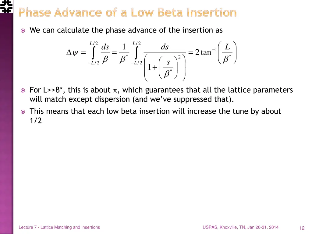 phase advance of a low beta insertion