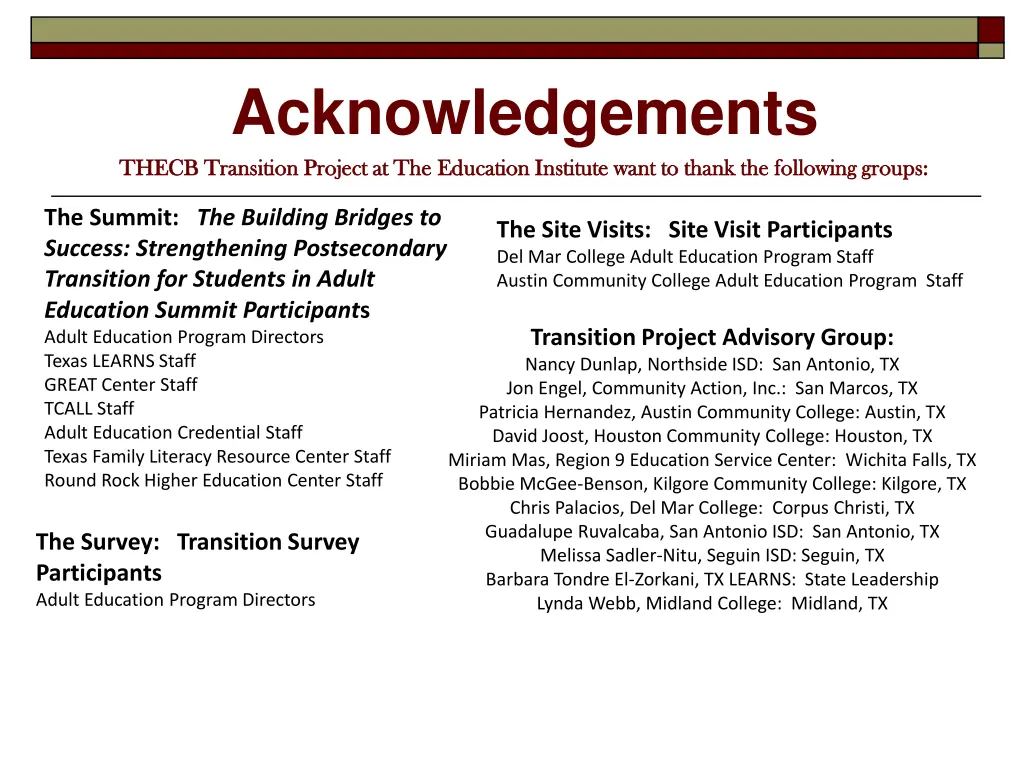 acknowledgements thecb transition project