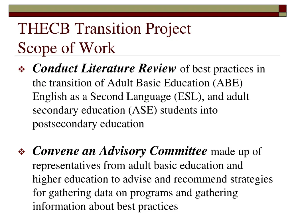 thecb transition project scope of work conduct