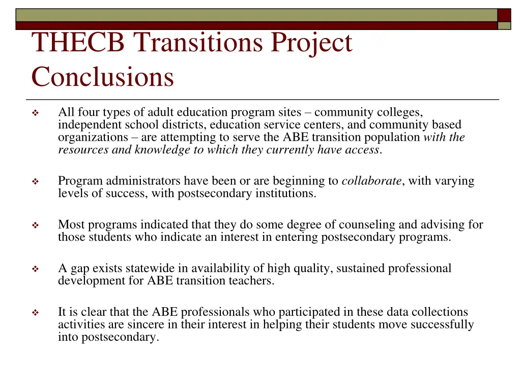 thecb transitions project conclusions