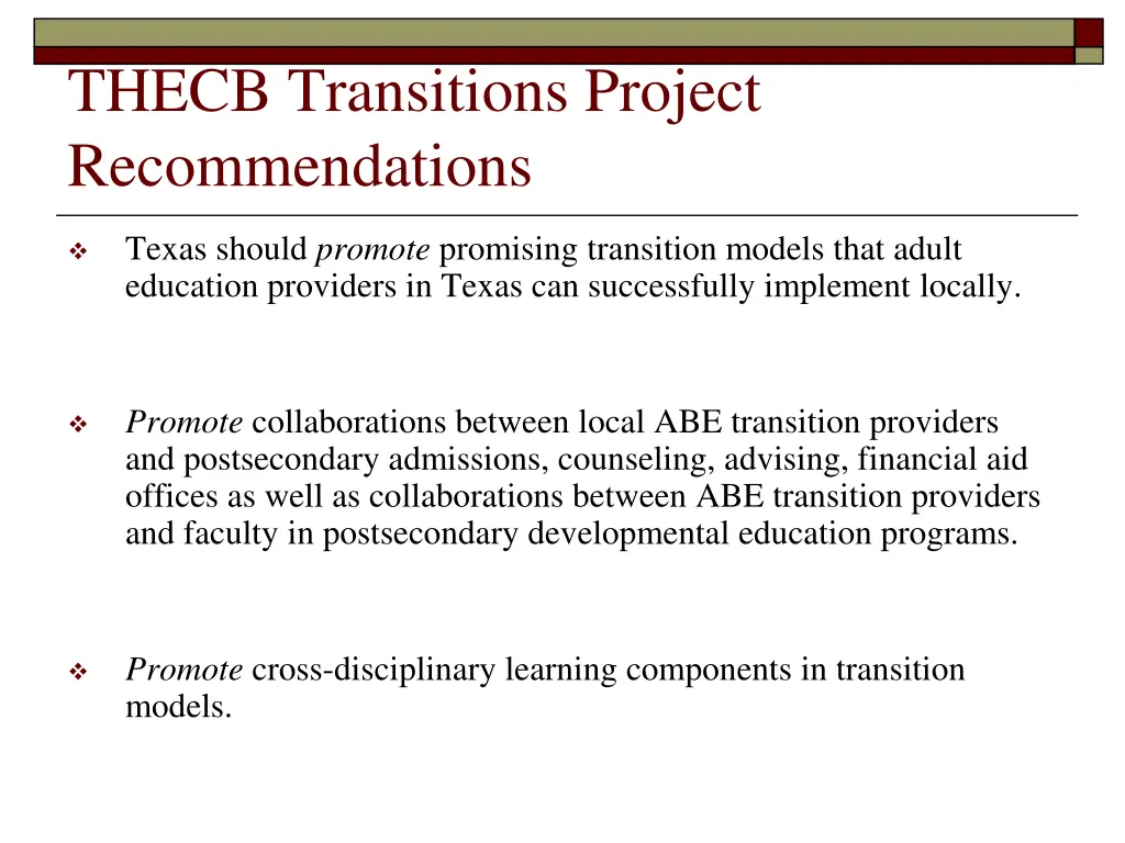thecb transitions project recommendations