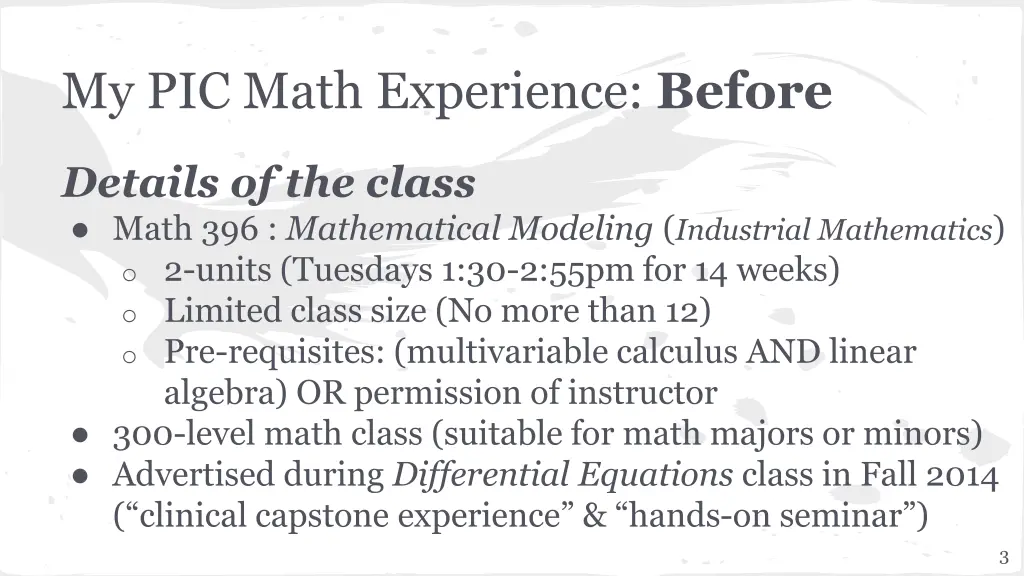 my pic math experience before