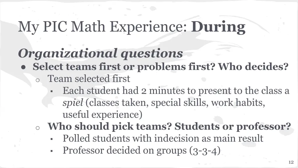 my pic math experience during 1