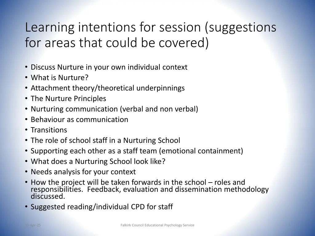 learning intentions for session suggestions