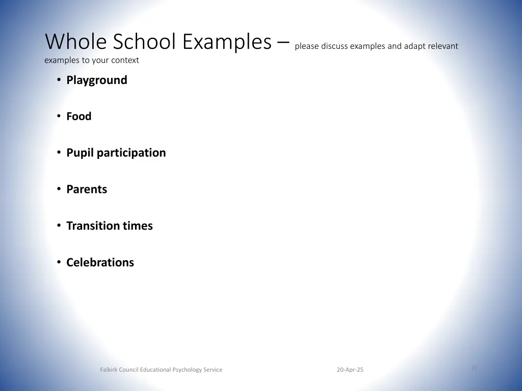 whole school examples please discuss examples