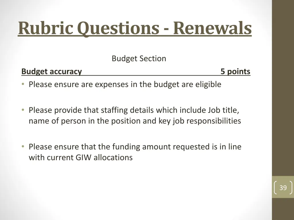 rubric questions renewals 19
