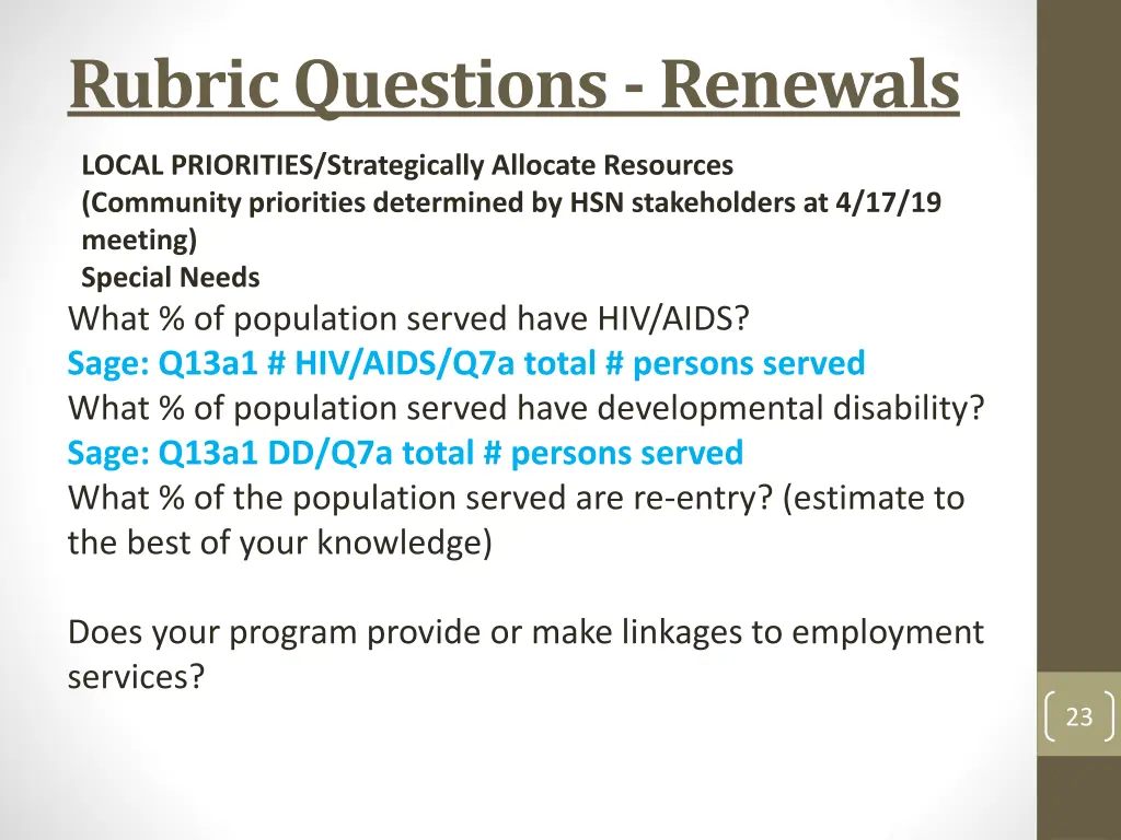 rubric questions renewals local priorities