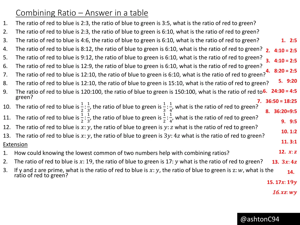 combining ratio answer in a table the ratio 1