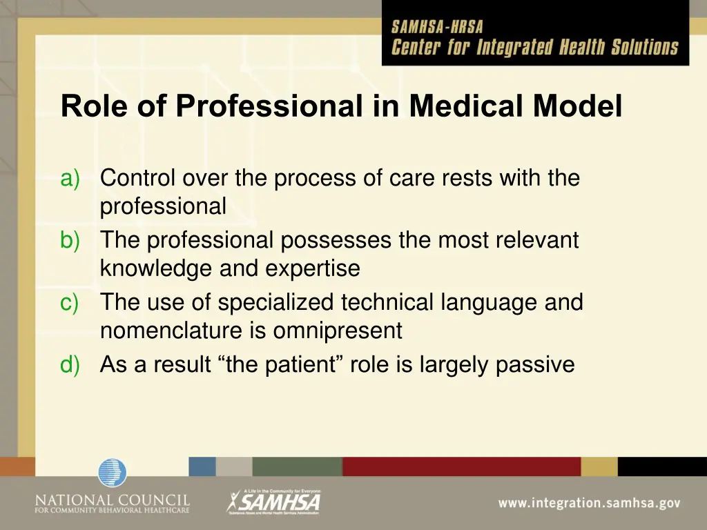 role of professional in medical model