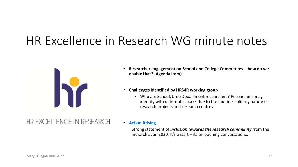 hr excellence in research wg minute notes