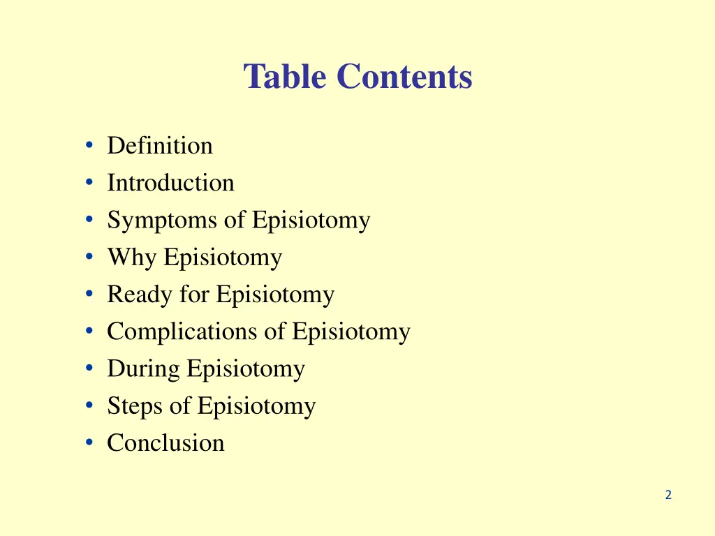 table contents