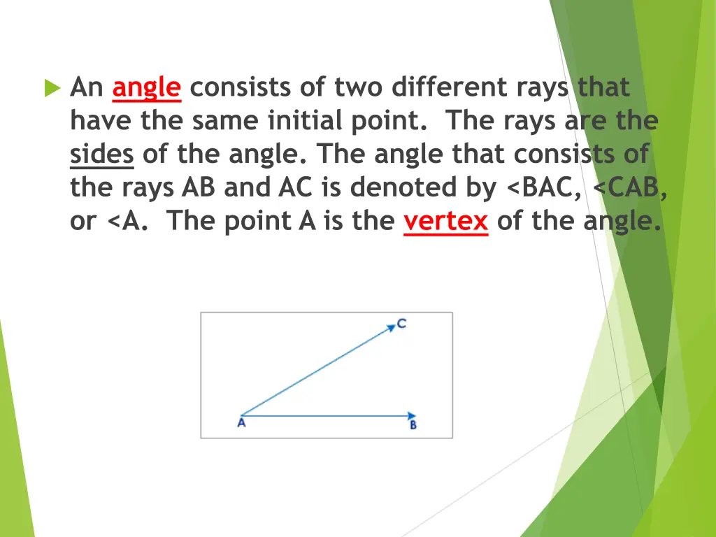 an angle consists of two different rays that have