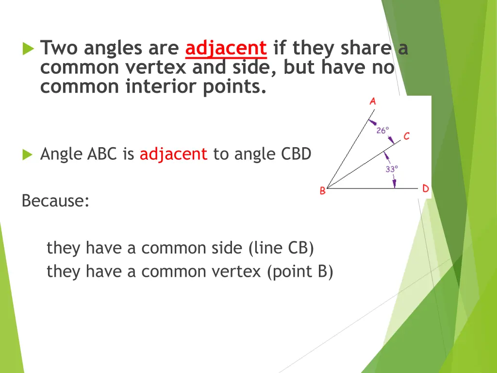 two angles are adjacent if they share a common