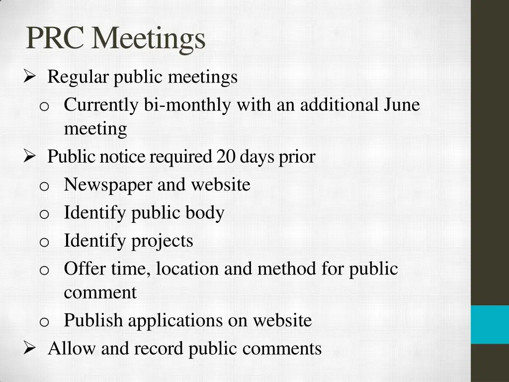 prcmeetings regular public meetings o currently