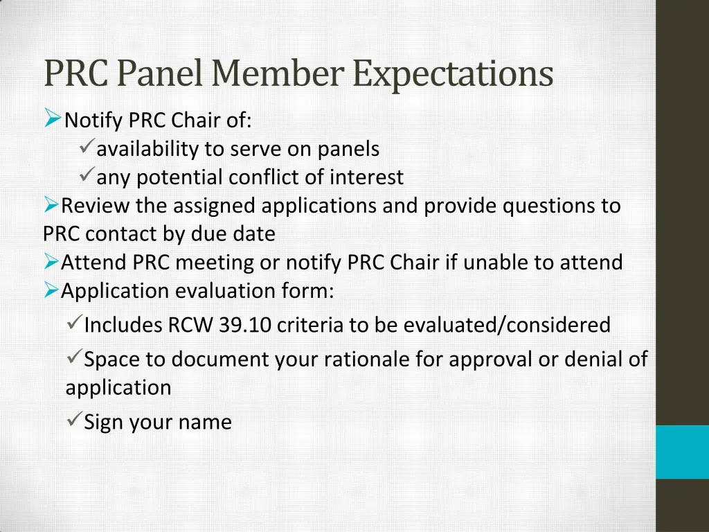 prc panel member expectations notify prc chair