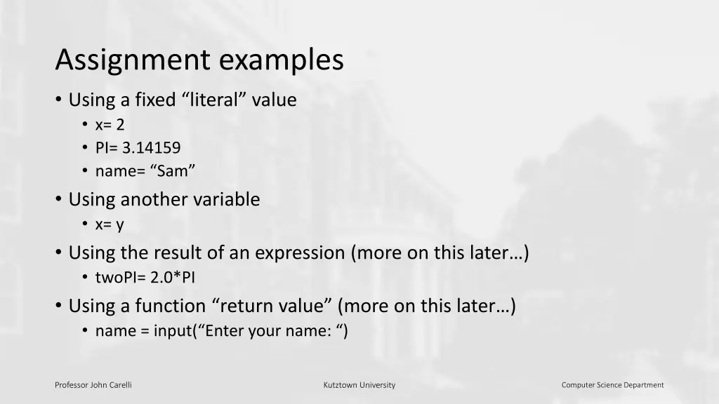 assignment examples using a fixed literal value