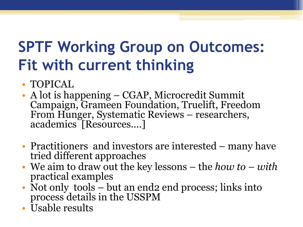 sptf working group on outcomes fit with current