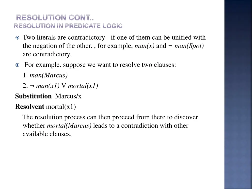 resolution cont resolution in predicate logic