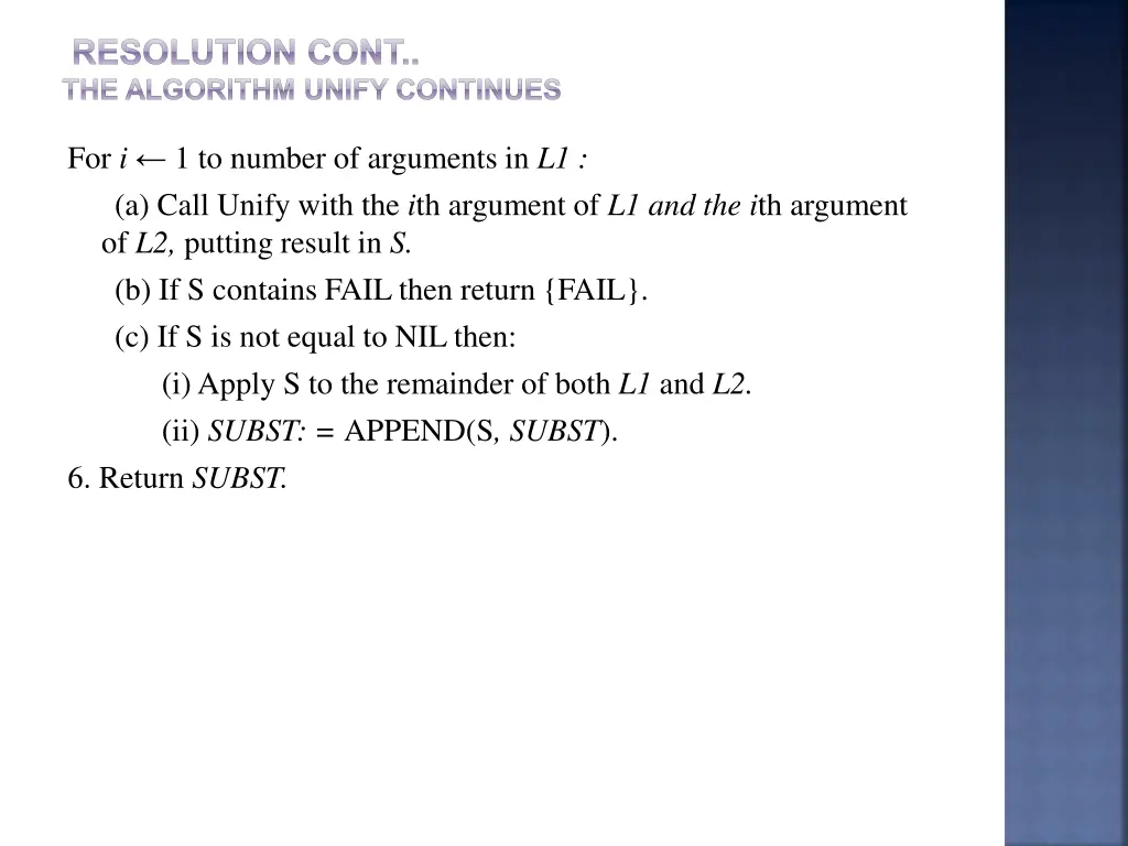 resolution cont the algorithm unify continues