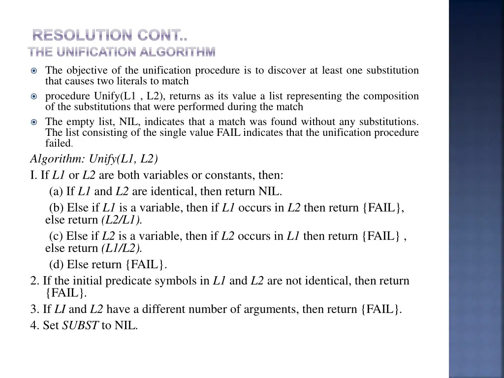 resolution cont the unification algorithm 1