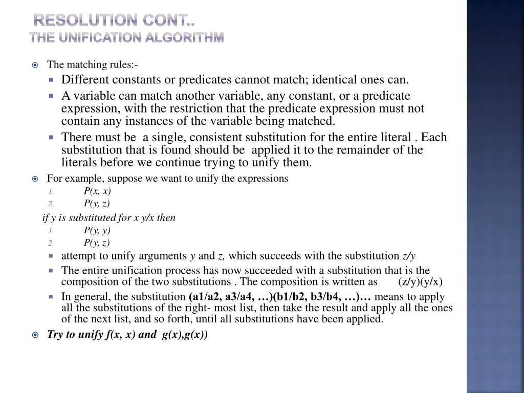 resolution cont the unification algorithm
