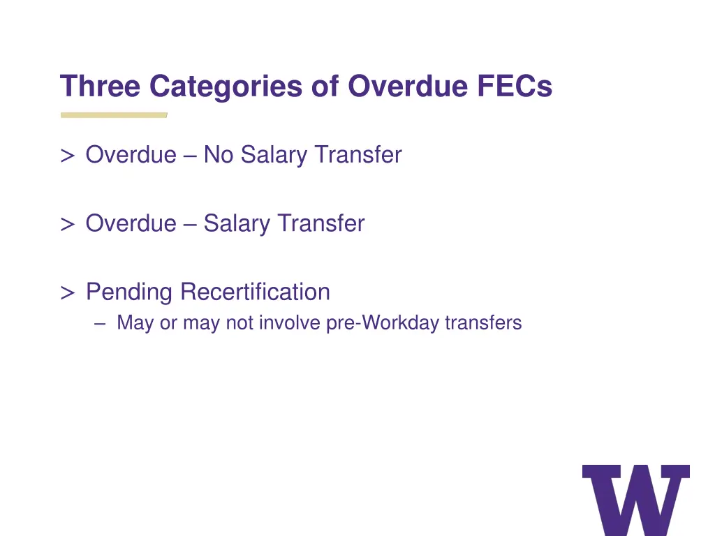 three categories of overdue fecs