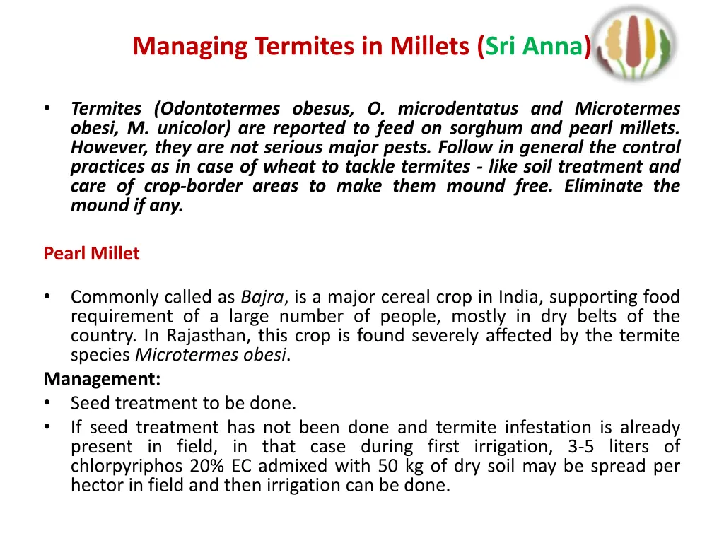 managing termites in millets sri anna